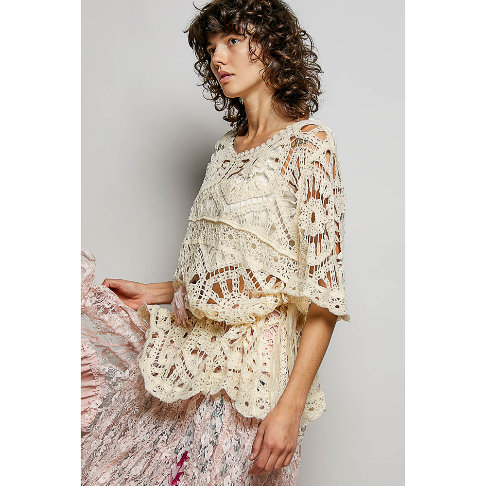 SMC270 CREAM Pol Round Neck Half Sleeve Crochet Top One Size - Picture 3 of 5